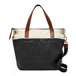 Fossil Keeley Black Brown & Cream Pebbled Leather Bag Convertible Crossbody